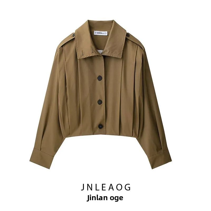 معطف نسائي أنيق قابل للطي من JNLEAOG، قميص خريفي بتصميم جديد من ألياف البوليستر بأكمام طويلة وطول قصير بلون واحد وأزرار
