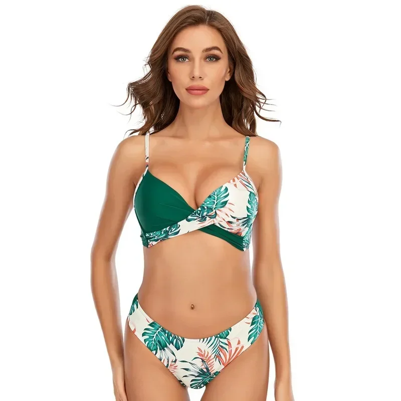 

Bikini 2025 New Print High Waist Swimsuit Women Cross V-neck Suspender 2 Piece Swimsuit Bathing Suit Backless Monokini SD8830