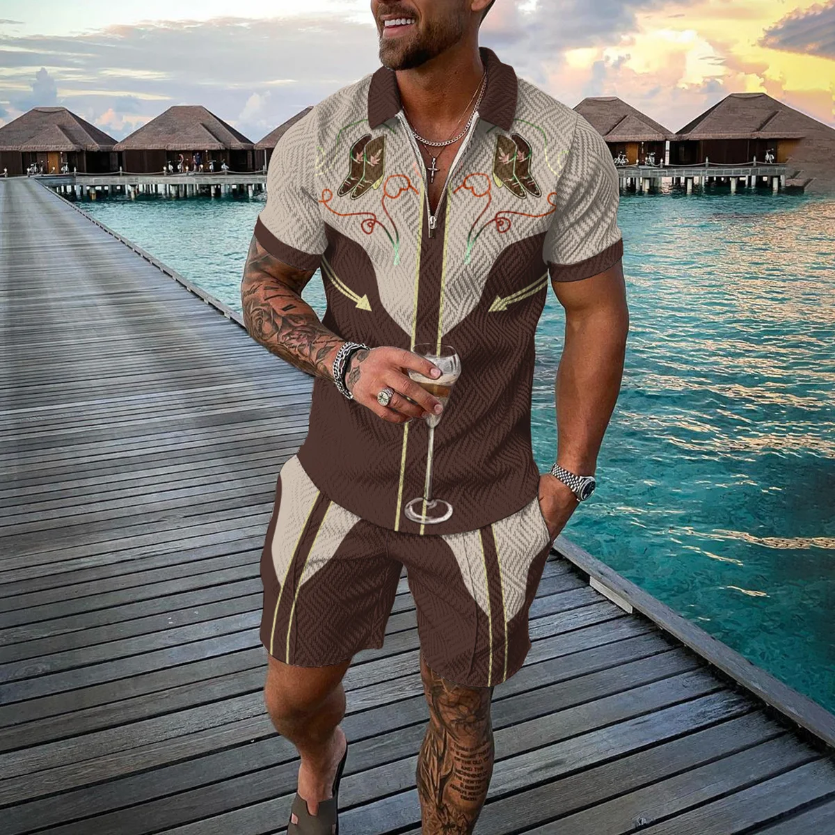 

Vintage two-piece Set Fashionable men's Suit With zipper Polo Shirt +shorts Casual men's Suit With Coconut Tree Set