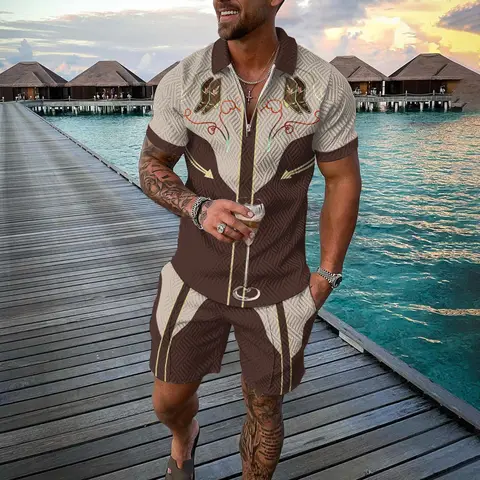 Vintage herrkostym med dragkedja, pikétröja med shorts och byxor, tvådelat set, kokosnötsträd, djurmotiv, 3D-tryck, casual herrträningsoverall, 2-delat set 10 best sales polotröja - №10