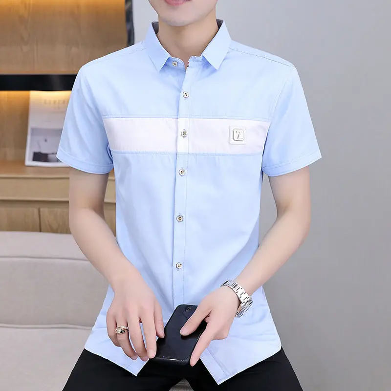 2024 New Summer Fashion Trend Simple Casual Business Lapel Contrasting Color Versatile Slim Fit Short Sleeved Shirt for Men