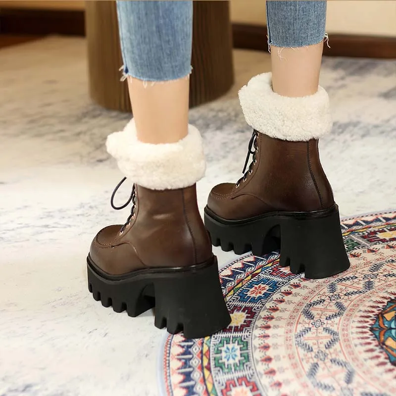 

2022 European winter boots natural leather warm snow boots 22-24.5cm Fur one cowhide+wool mid-calf boots lace up Woolen boots