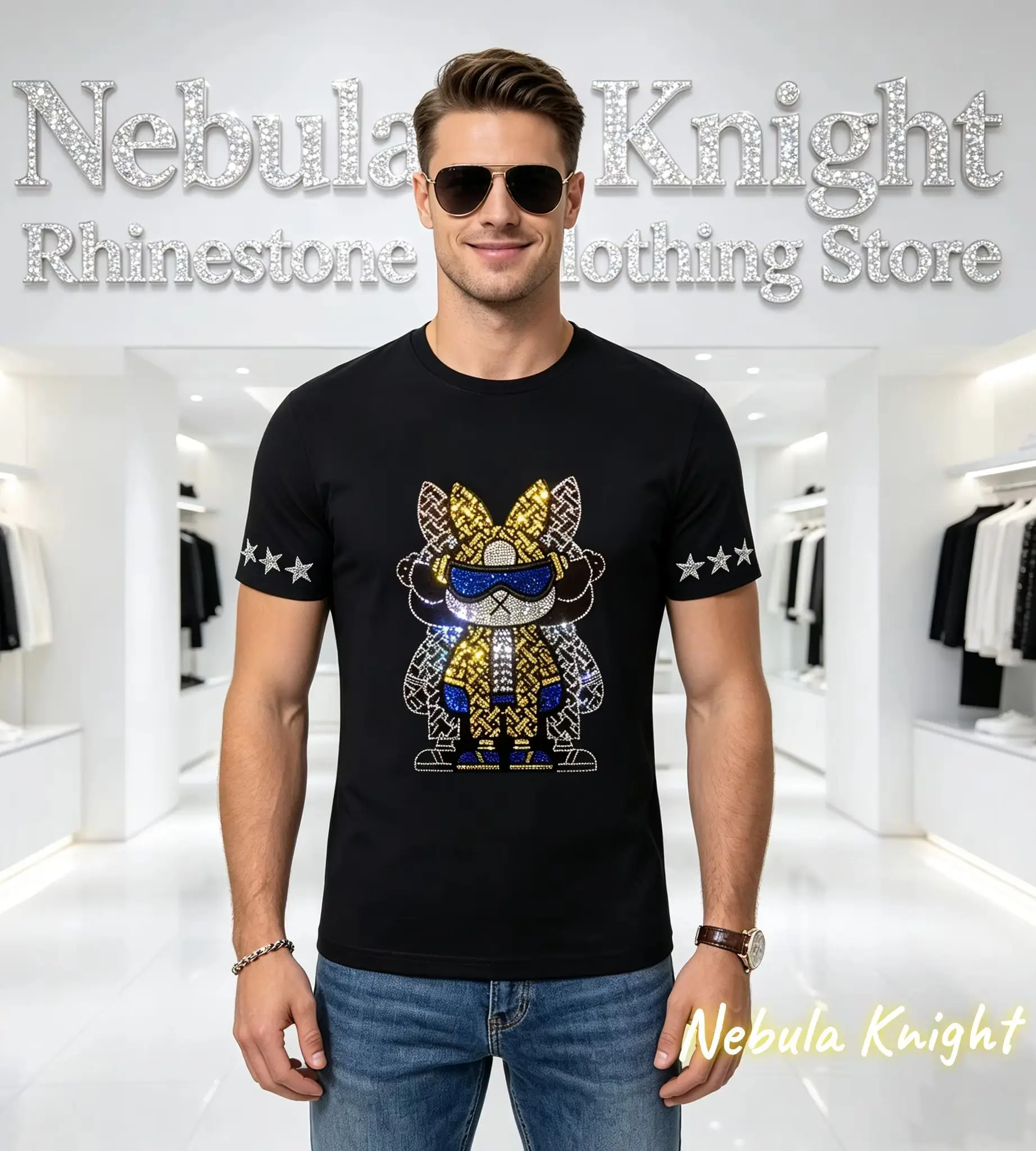 Men Rhinestone Short Sleeve T Shirt Summer Cotton Tee Bling Crystal Decor Luxury Streetwear Casual Daily Tops