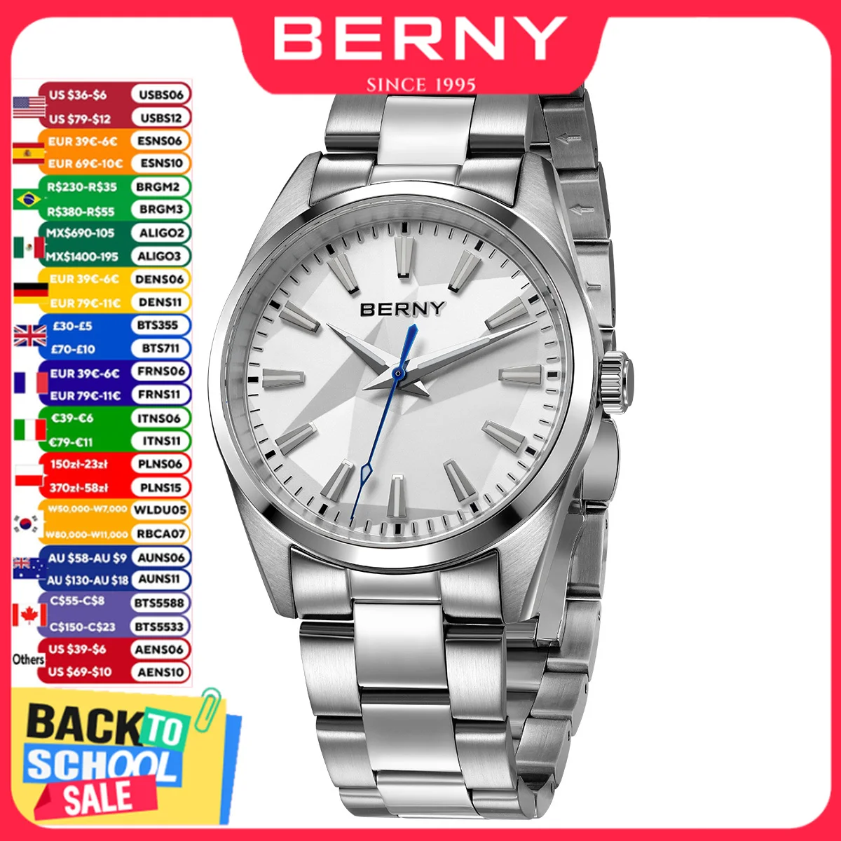 BERNY Herrenuhr Quarz 100 m Widerstand 316L Edelstahl Saphir AR-beschichtete Linse Stereo-Zifferblattuhr 39 mm Armbanduhr für Herren