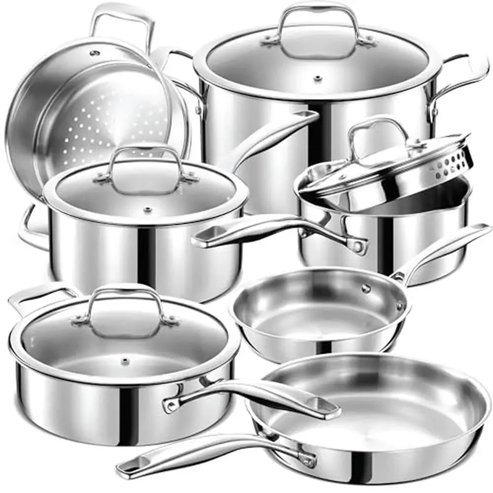 11-Piece Stainless Steel Pots and Pans Set with Glass Lids Non-Toxic Induction Oven Safe Premium Kitchen Cooking Technology