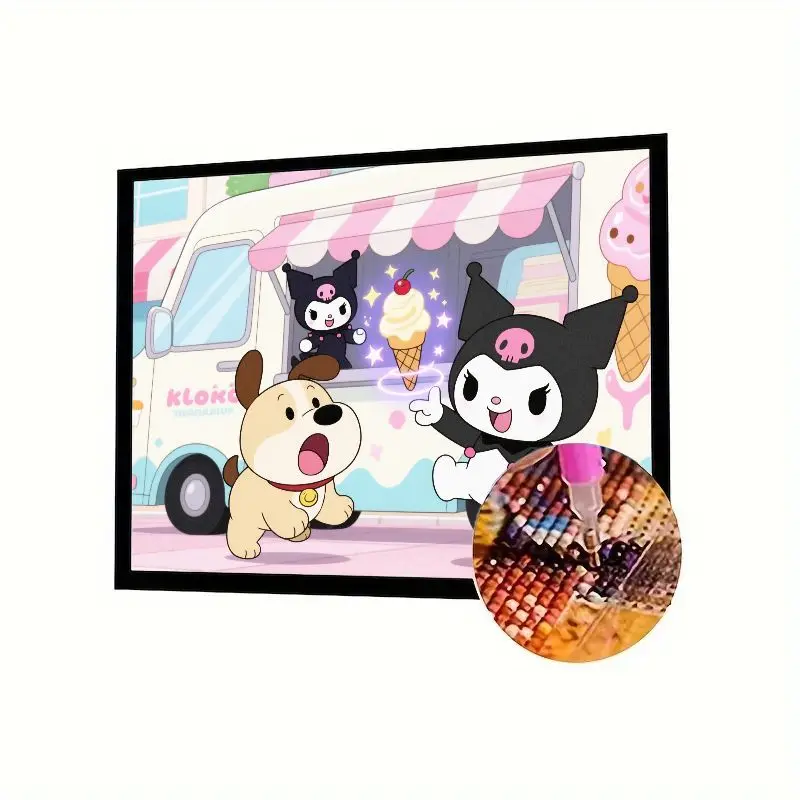 

1 шт. 5D DIY Full Drill Diamond Painting Kit - Kawaii Kuromi & Cute Puppy at Ice Cream Truck Scene - Cartoon Sweet Dessert Rhinest