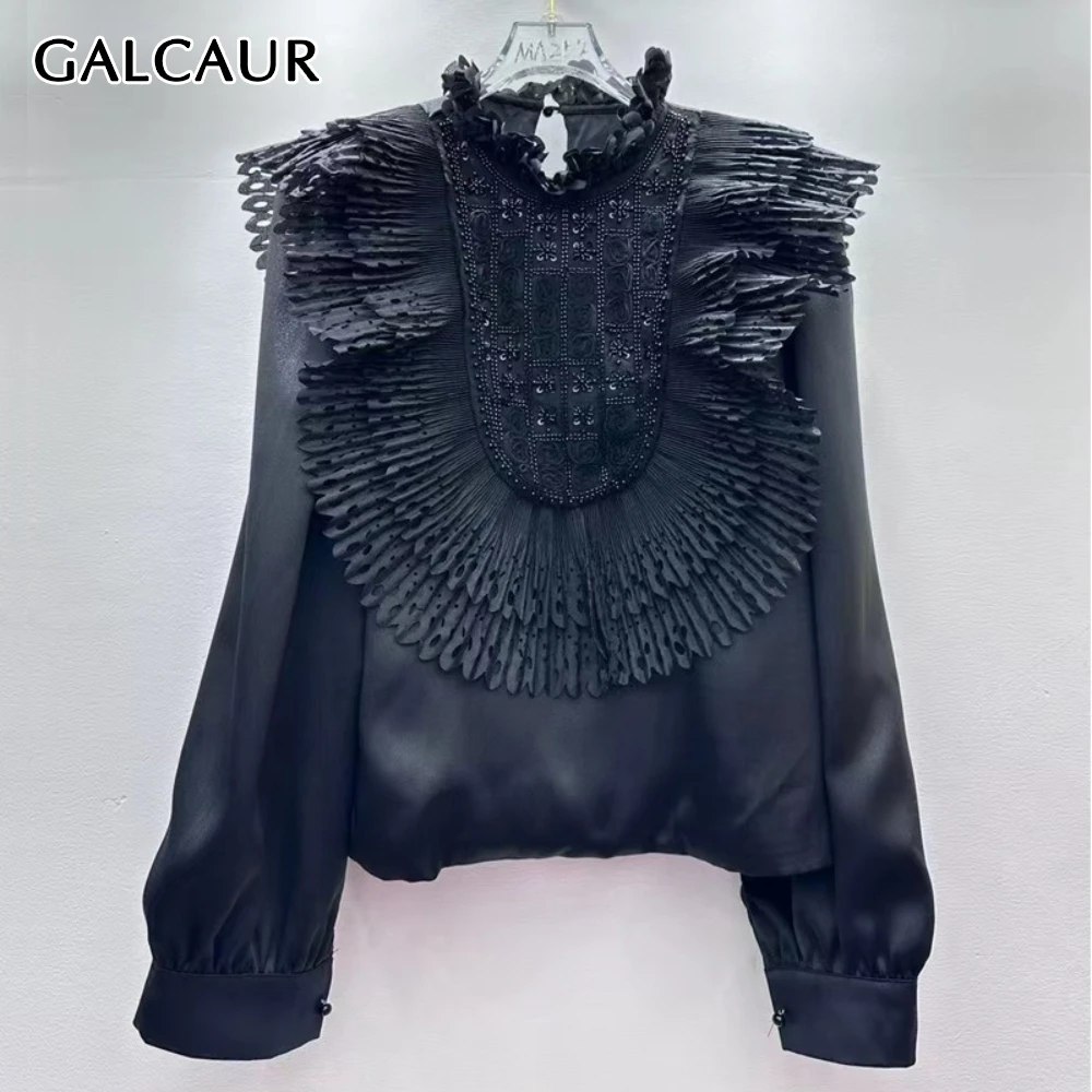 GALCAUR solide épissé Fufflesl chemise française femme col rond manches longues ample élégant littéraire femmes chemises automne mode nouveau