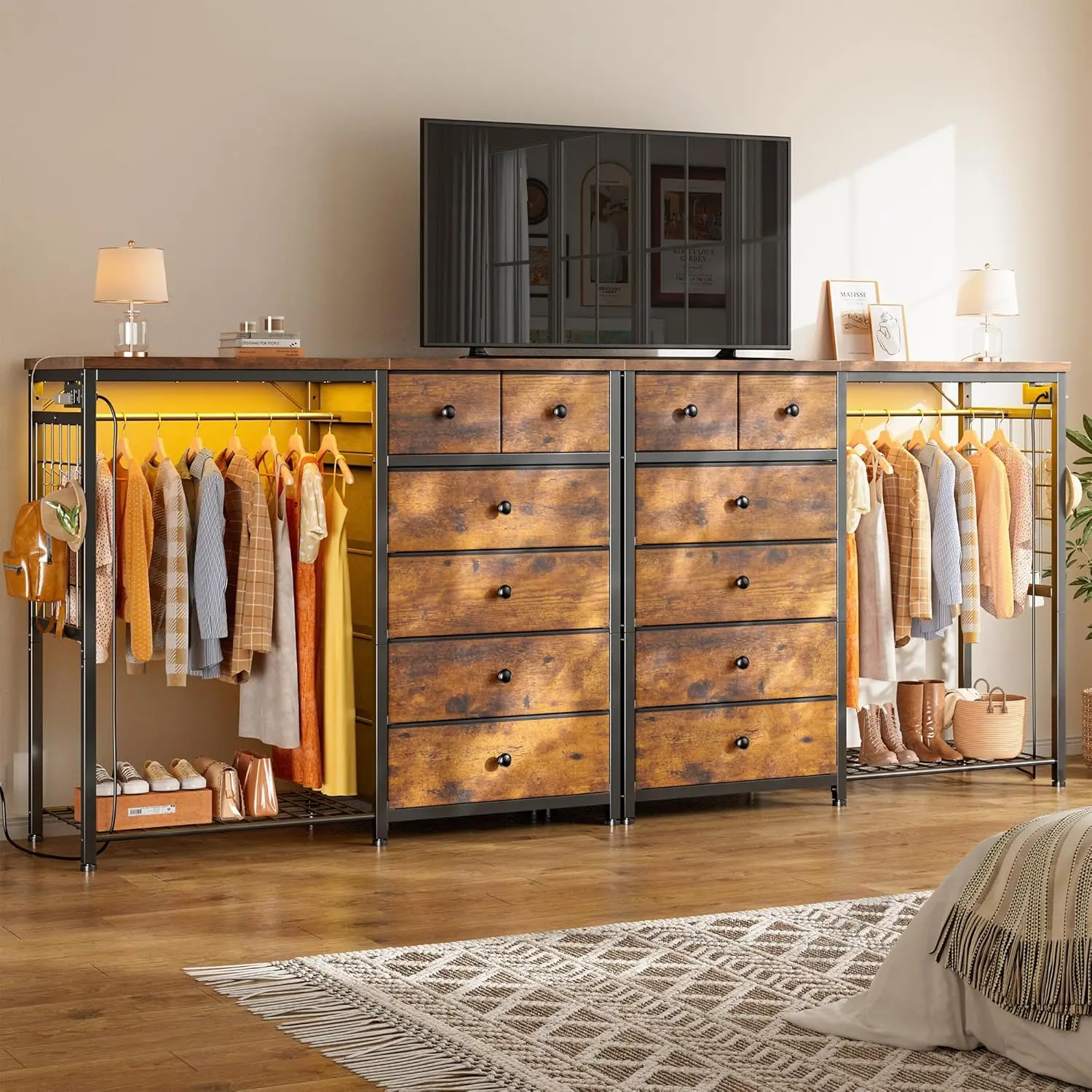 49.2" W Dresser with Hanging Rack & 6 Fabric Drawers – Wooden Top Organize Unit Featuring LED Lights, Charging Station & Grid Pa