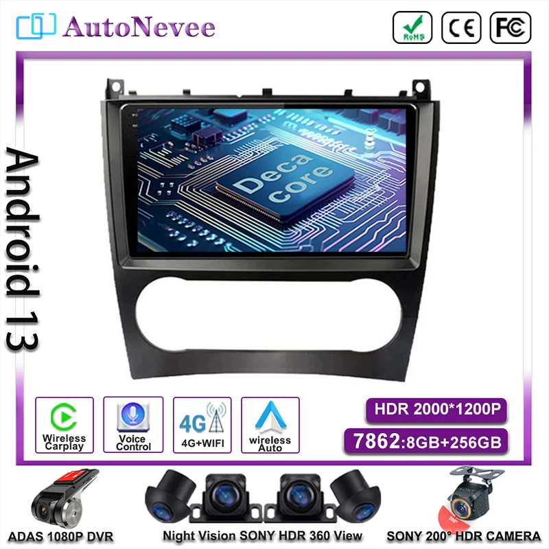 Android 13 For Benz W203 W209 C180 C200 C220 C230 Multimedia Car Player Head Unit Auto Radio Navigation GPS Stereo 5G DVD QLED