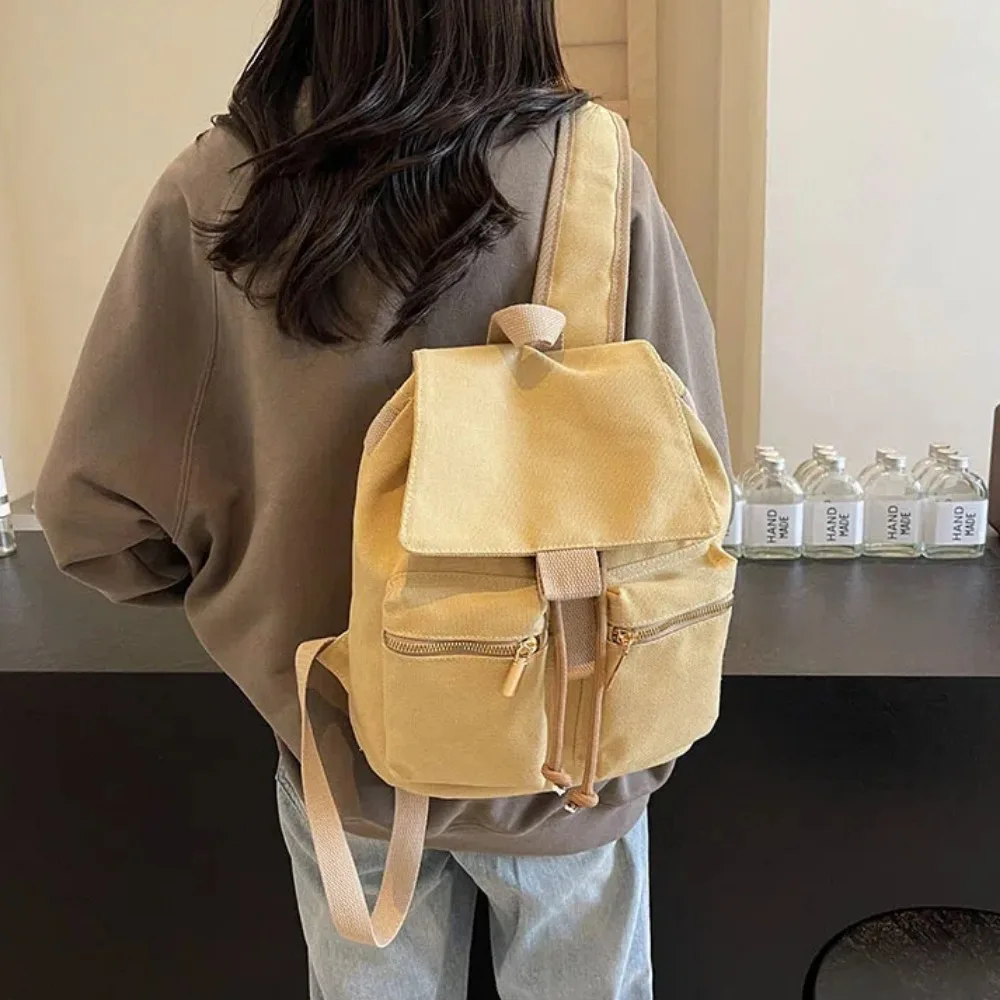 Fashion Drawstring Women Backpack Multiple Pockets Adjustable Strap Travel Backpack Solid Color Students Backpack Travel