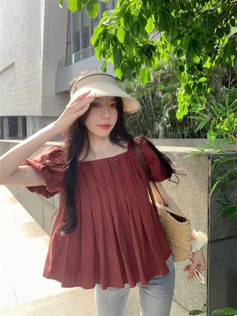 

Shpmishal French Fashion Design Sense Square Neck Doll Shirt Women's Spring New Wrinkled Bubble Sleeve Shirts Female Clothing