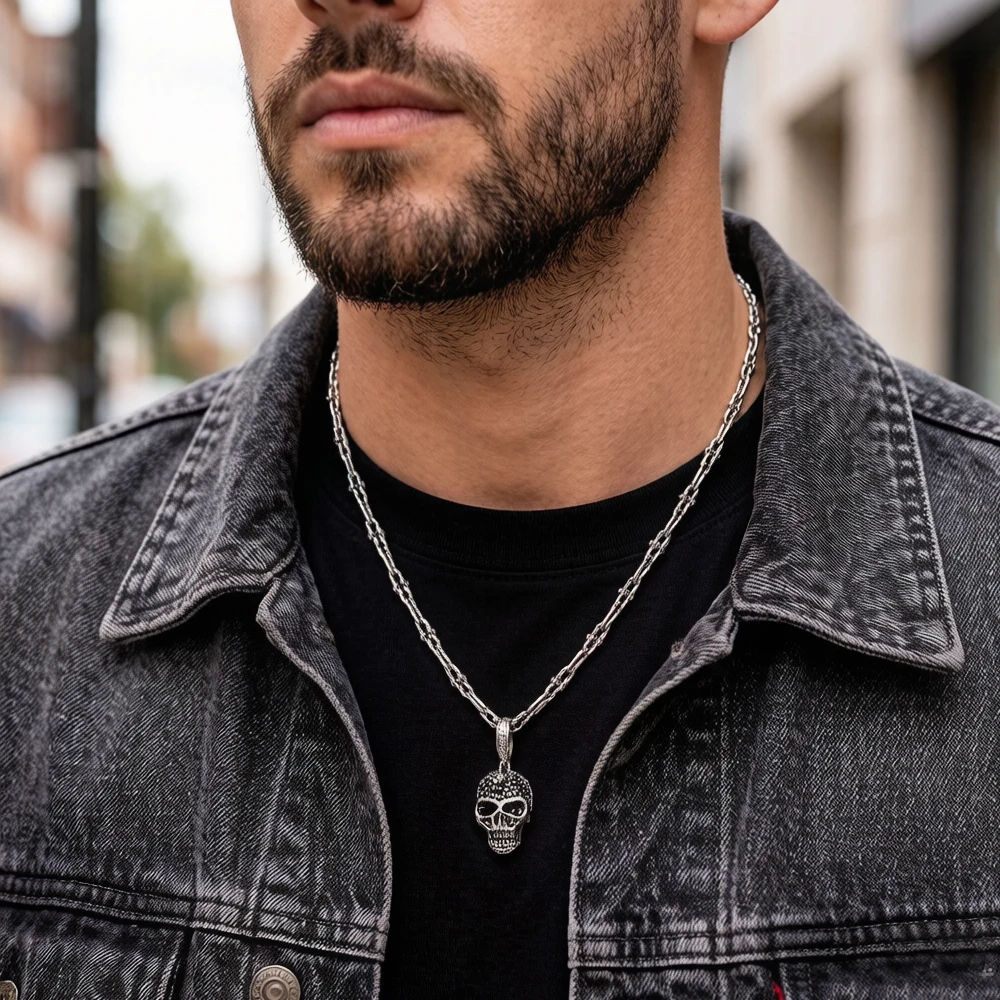 Skull Pave Charm Necklace,2020 Summer Brand New Fashion Jewelry Europe 925 Sterling Silver Bijoux Rebel Steel Gift For Women Men