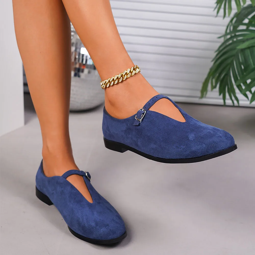 Ballerine da donna nuove di zecca, taglia 42, colore blu floccato, con cinturini con fibbia, punta tonda, modello Mary Jane, scarpe basse da ballo, perfette per tutti i giorni._voghion.com