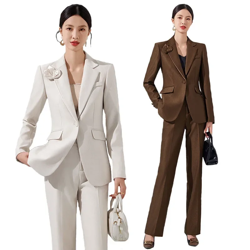 

Pop Women Blazer Pants Sets Apricot Appliques Two Pieces 2024 Autumn Work Wear Trousers Formal Solid Color Long Sleeve Tops Pant