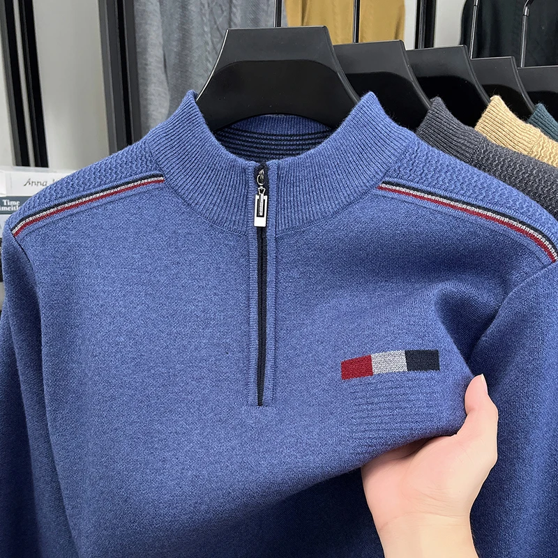 

2025 Мужской утолщенный вязаный свитер из козьей шерсти с высокой молнией и высоким воротником для среднего и пожилого возраста, шерстяной базовый слой