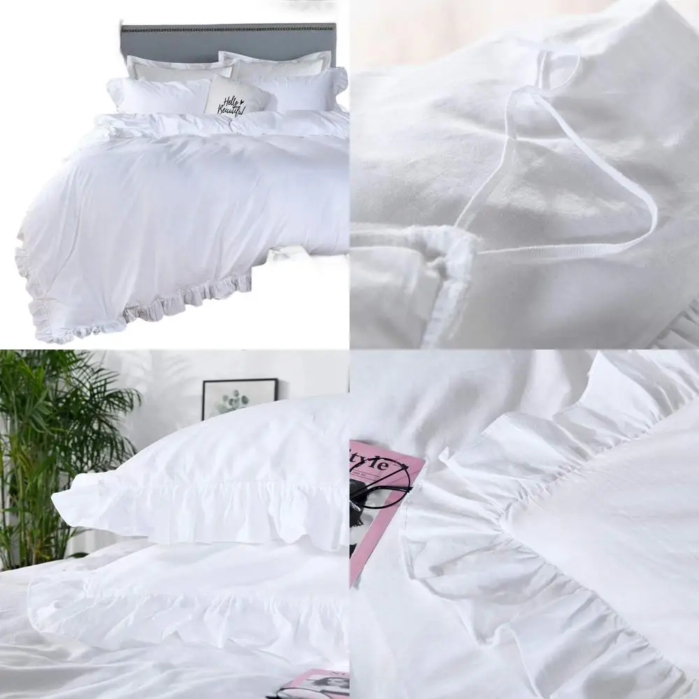 

Washed Cotton Ruffled King Duvet Cover Set,Vintage White Shabby Boho Chic Ruffle Farmhouse Bedding Comforter Quilt Cover 3 Piece