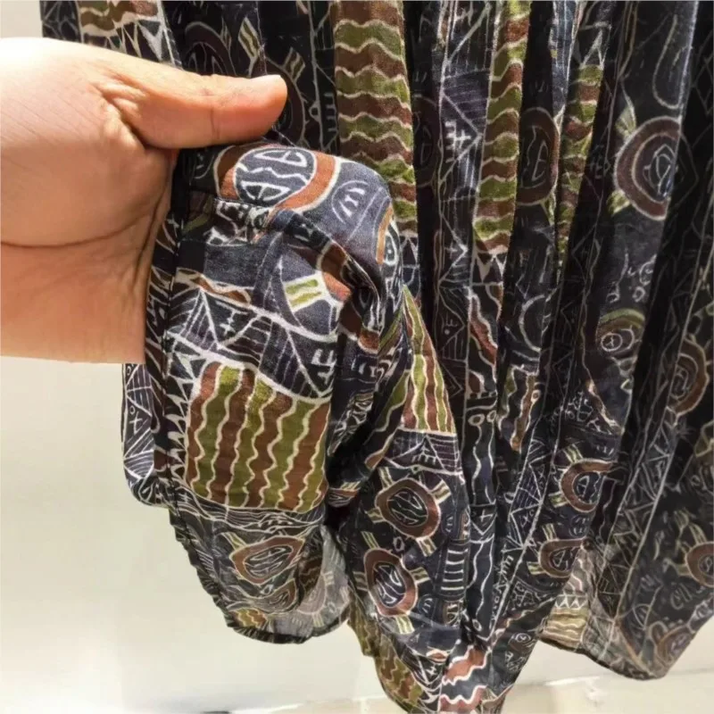 Johnature 2025, lockerer Ethno-Stil, Retro-Distressed-Blau, Patchwork, bedruckt, Ramie, doppellagiges Futter, lässige Damenröcke