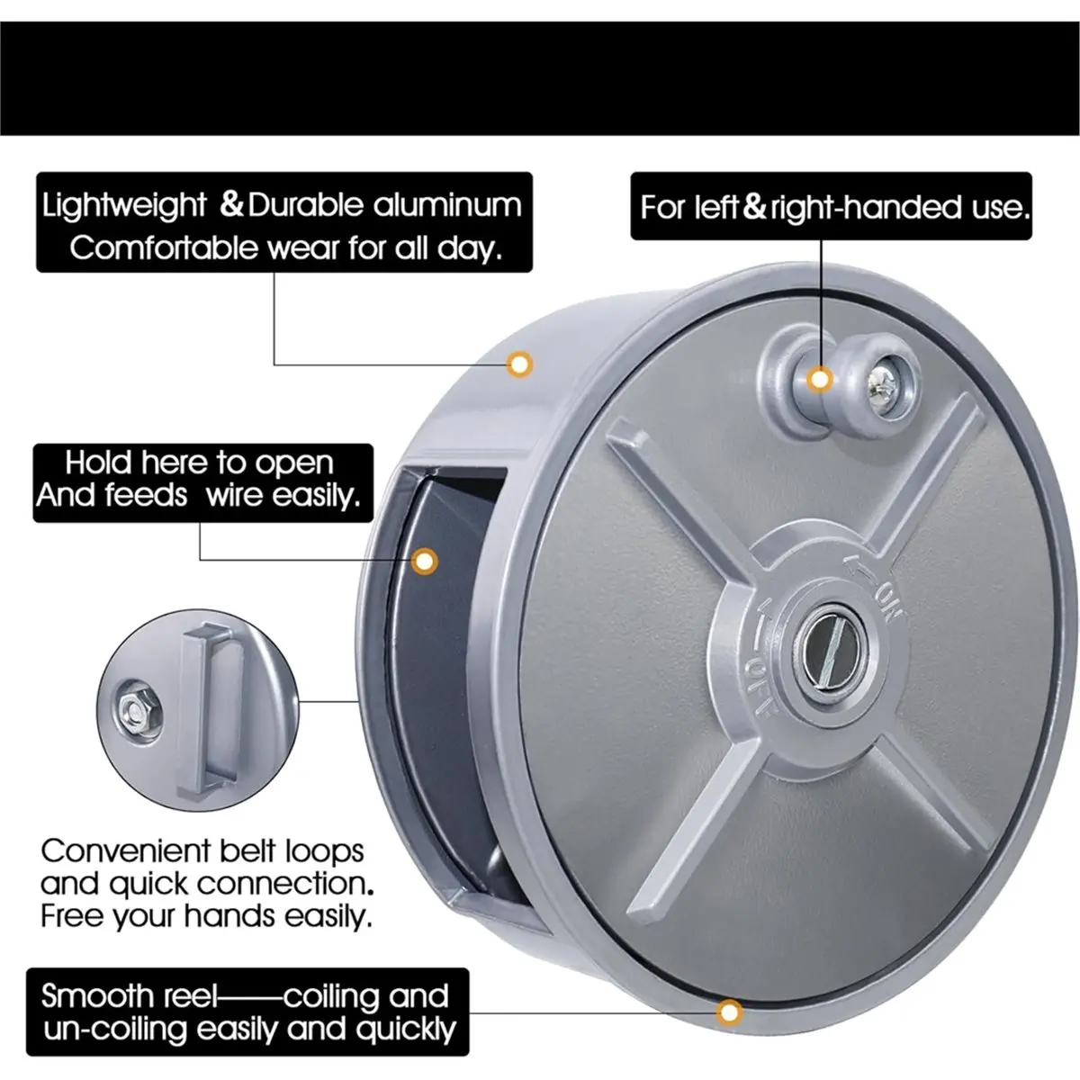 タイワイヤーリールコイルホルダーホイール-625インチ-アルミ製鉄筋ワイヤーリール-巻き取りノブとベルトループ付き-巻き取りノブタイワイヤーホルダー