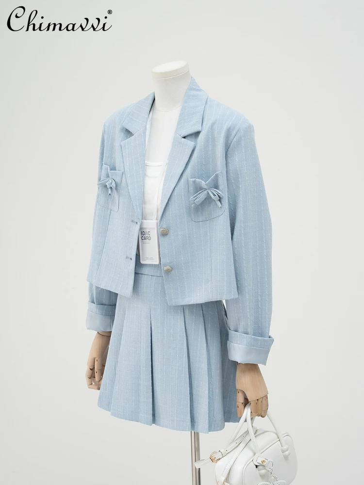 

French Elegant Temperament Stripe Suit Set Pocket Bow Single-Breasted Jacket High Waist Pleated Short Skirt Two-Piece Set Women