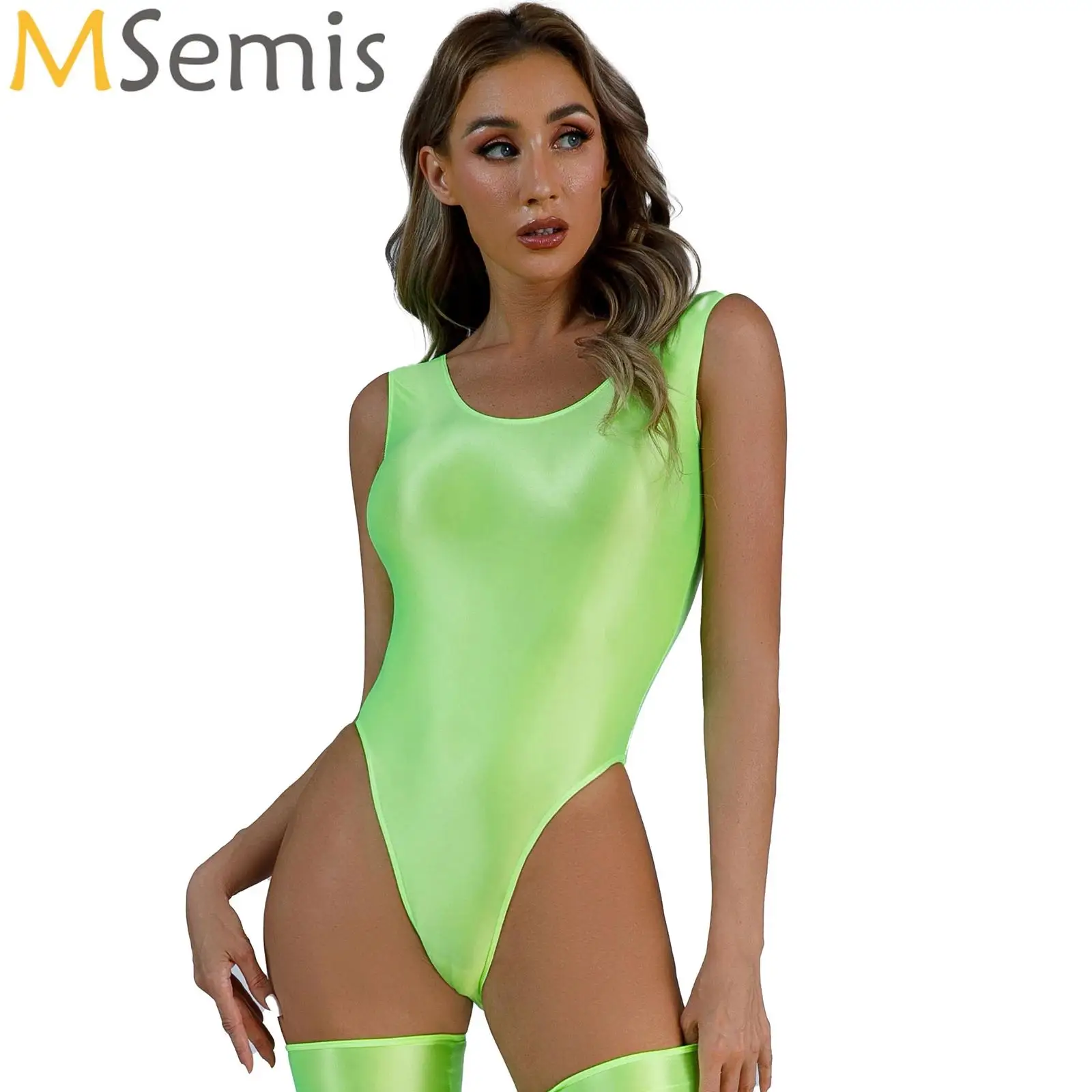 

Sexy Glossy Shiny Leotards Women Sexy Backless High-Cut One-piece Swimsuit Swimwear Plus Size Bathing Suits Bodysuit Beach Wear