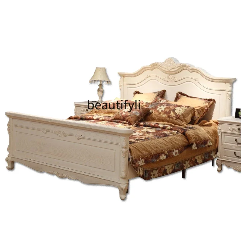 

European-Style Double Solid Wood Bed 1.8 M 1.5 American Light Luxury Court Bed White Pastoral Bed Master Bedroom