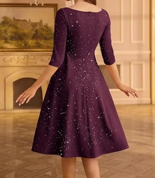 

2026 Summer New Retro Elegant Round Neck Sequined Seven Quarter Sleeve Mid Length Skirt