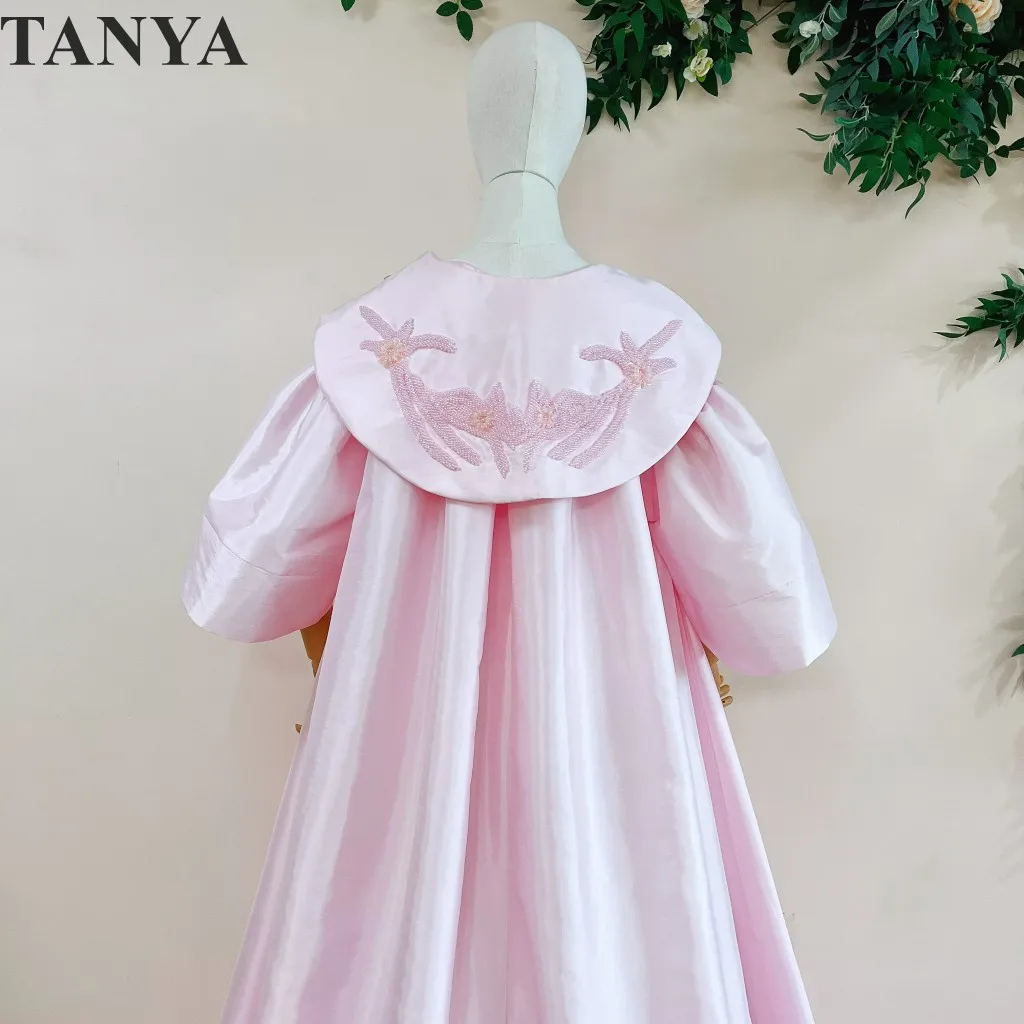 Cape de mariage longue en taffetas rose pour femme, demi manches, perles, soirée, veste Lont, tenue de ligne A, manteau pour femme, costume