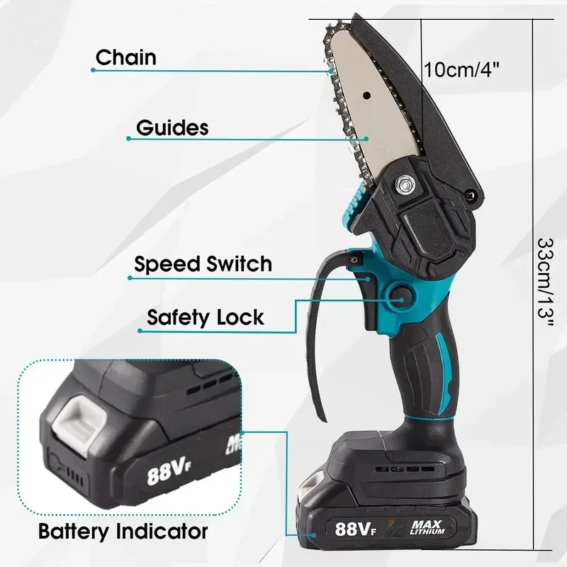 1200W 4 Inch Mini Electric Chain Saw With Battery Indicator Rechargeable Woodworking Tool EU Plug For  18V Battery