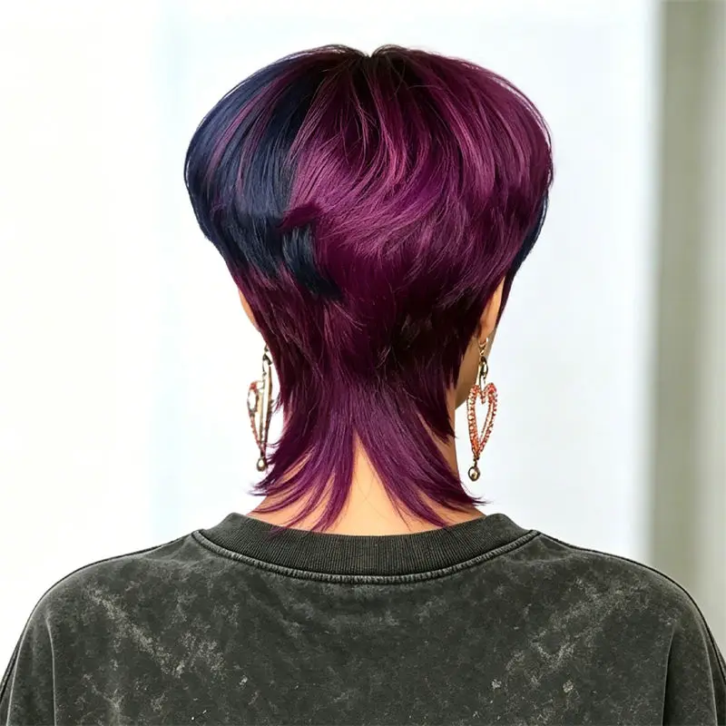 Short Mullet Wig Pixie Cut Wig, Gradient Purple