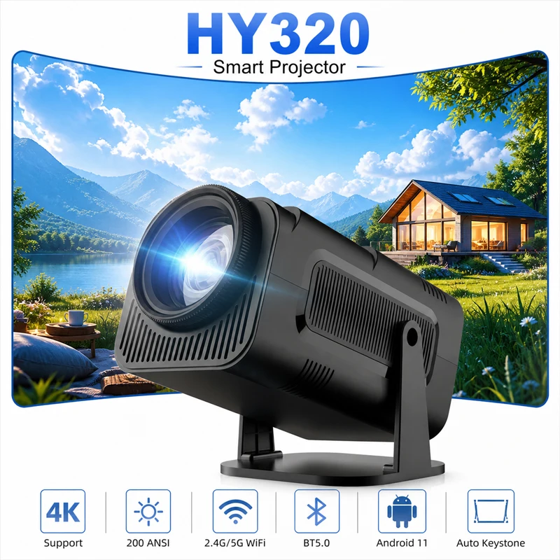 Nuevo Proyector Portátil HY320 de 8000 Lúmenes, Mini Proyector Android 4K con Enfoque Automático, Keystone, Full HD 720P, Cine en Casa, Doble WiFi6
