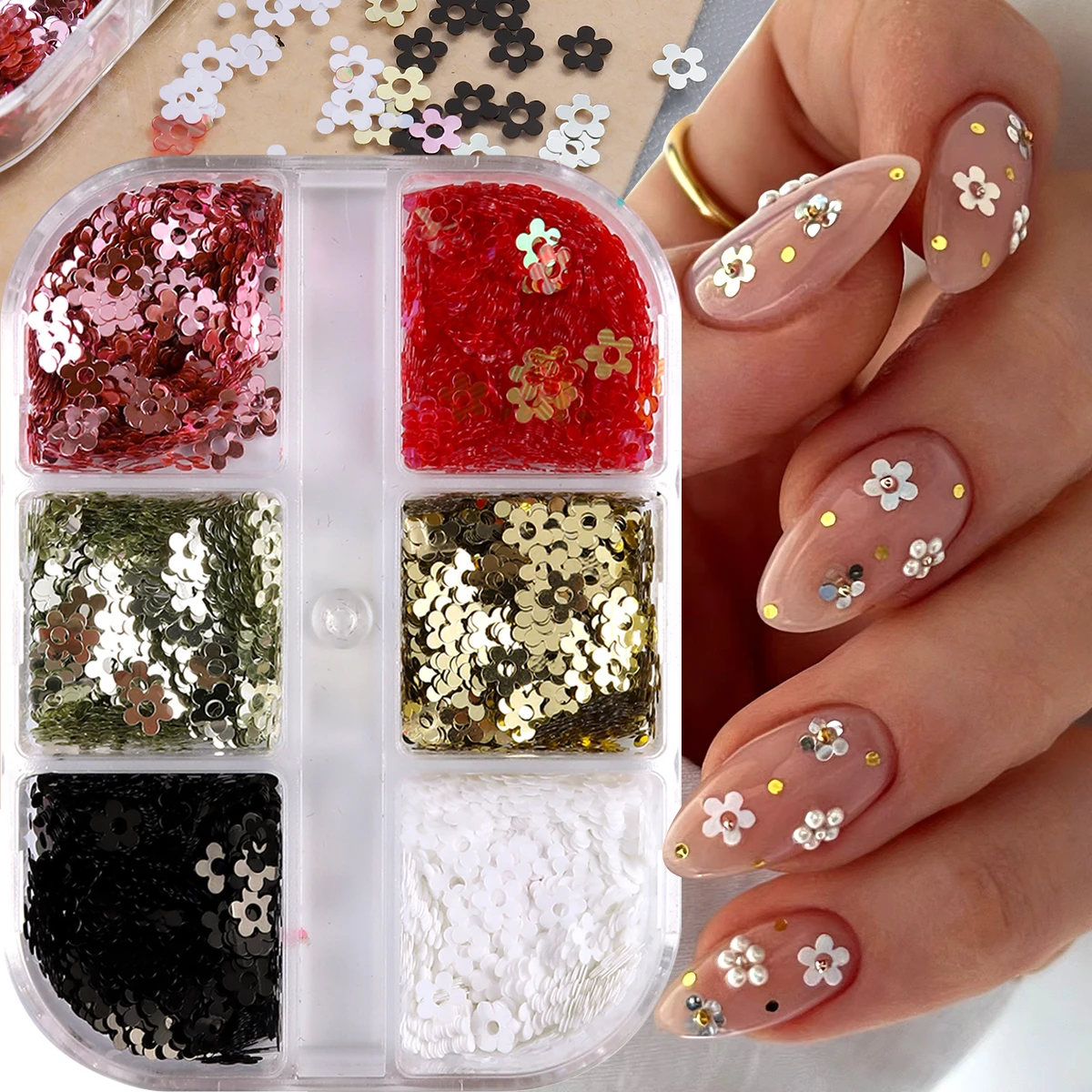 Kawaii 5 بتلات أسود أبيض مسمار الفن تقشر Y2K لامعة الذهبي مسمار زهرة الترتر ثلاثية الأبعاد لامع مسمار السحر ل مانيكير اكسسوارات