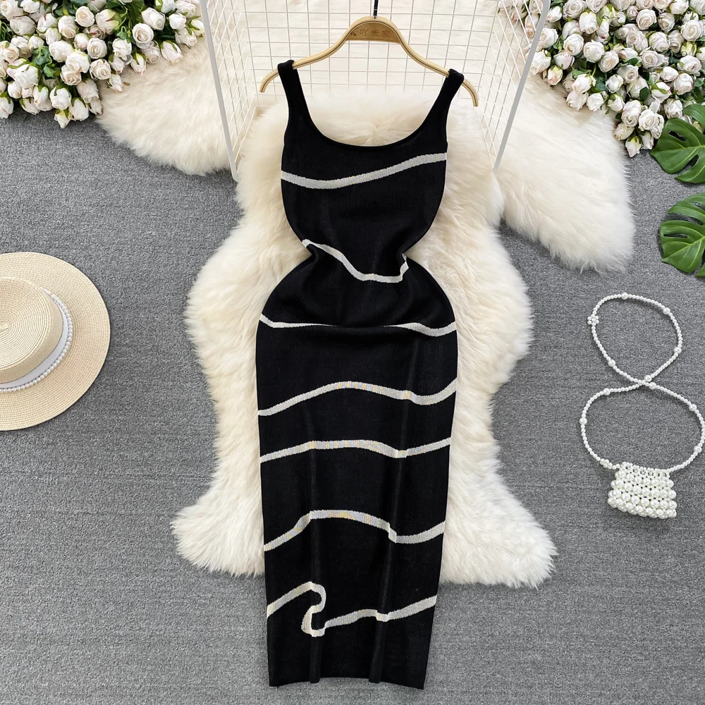 Sstss Sommer koreanischen Chic Strickkleid Retro-Stil Streifen muster Spaghetti träger ärmellose schlanke figur betonte Midi-Pullover Kleid