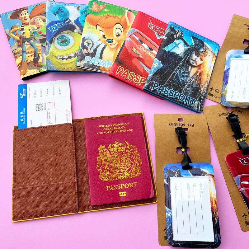 1 Juego de porta pasaporte de coches de Disney y etiquetas de equipaje, cubierta de pasaporte de viaje, etiqueta de equipaje, tarjetero de