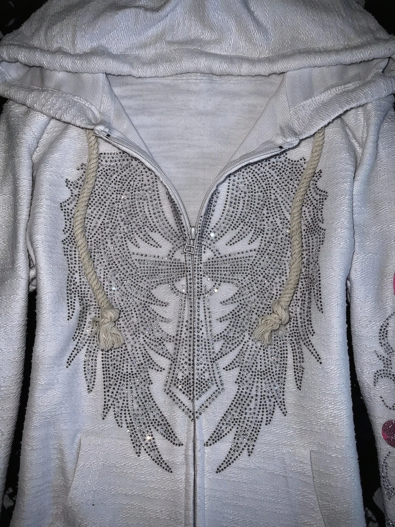 Y2K Vintage Rhinestone Hooded Jacket Women Silver Crystal Angel Wing Cross Zip Pink Flower Tribal Print Slim Fit Sweatshirt
