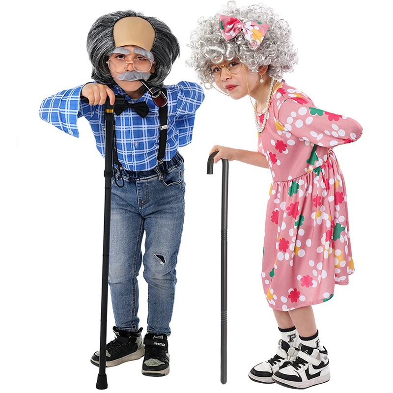 Kids Old Man Costume Old Lady Costume Set for Girls Boys 100 Days of School Granny Grandma Grandpa Costume Dress Up for Child