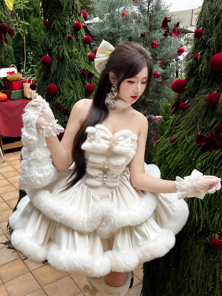 Graceful Elegant Ballet Style Princess Puff Evening Dresses Autumn Winter Off-Shoulder Strapless Plush Multi-Layer Mini Dress