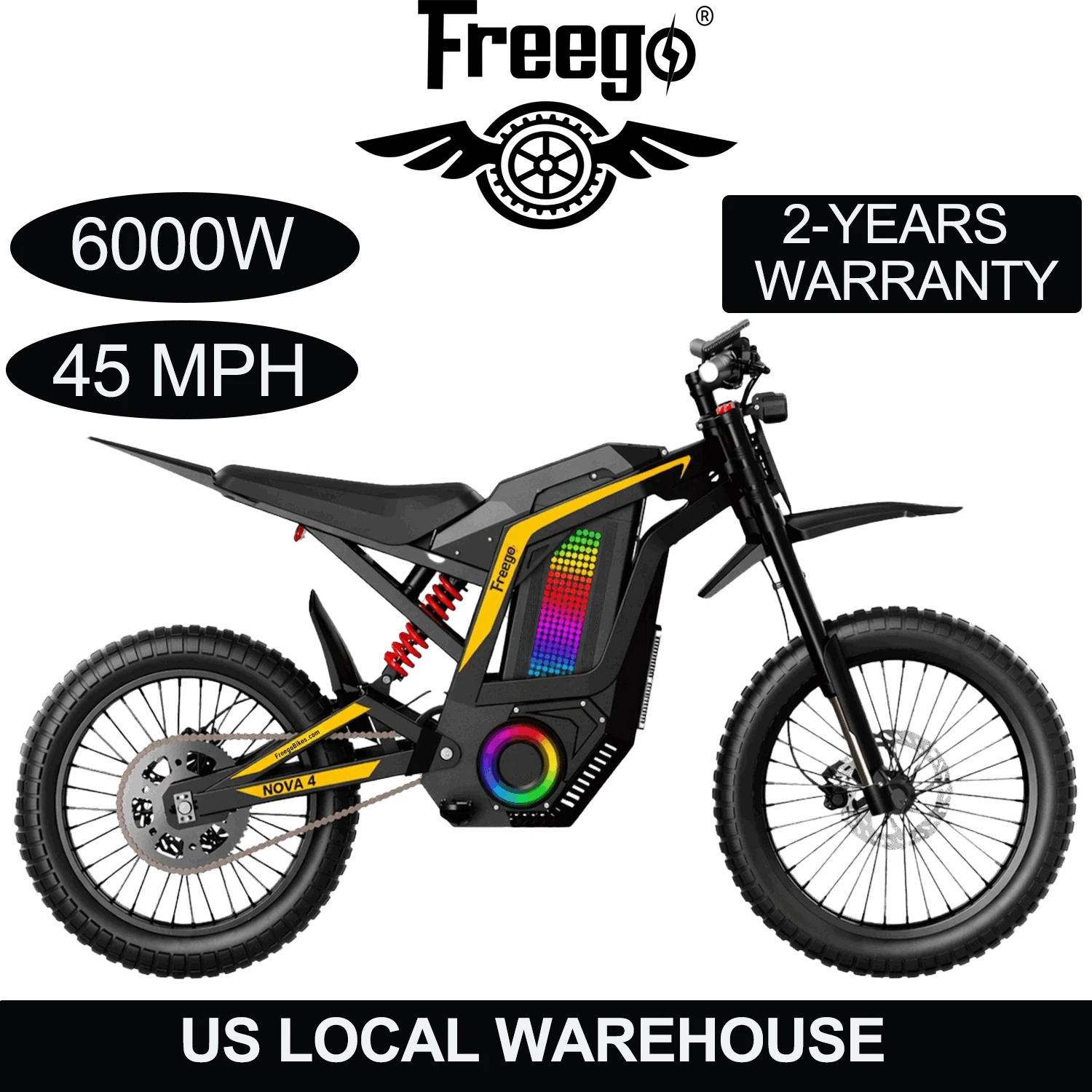 

Электрический мотоцикл Freego N4, 60В/30Ач, 6000Вт, среднеприводный двигатель, макс. скорость 45 миль/ч, шины 19″/17″, 4-поршневые гидравлические тормоза
