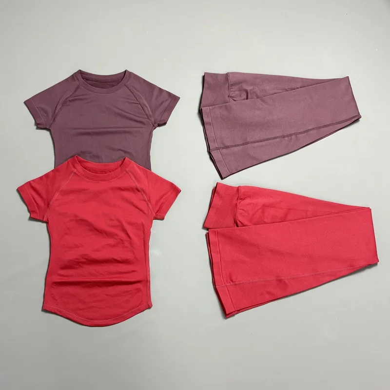 2-teiliges Sport-Kurzarm-Top-Set Einfarbig Sexy Yoga T-Shirt Damen Fitness Schlaghose Nahtloses Gym Kurzarm-Top-Set – Detail 12