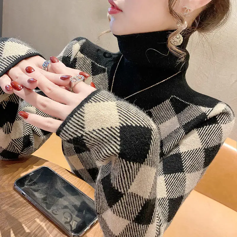 Women\'s High Neck Striped Knitted Tops New Autumn and Winter Fashion All-match Printing Plaid Long Sleeve Pullover Slim Sweater