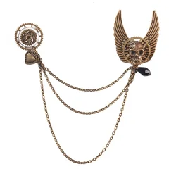 Retro Steampunk Gear Wing Brooches Gear Skull Tassel Chain Lapel Pins Men Shirt Suit Badge Jewelry Accessories