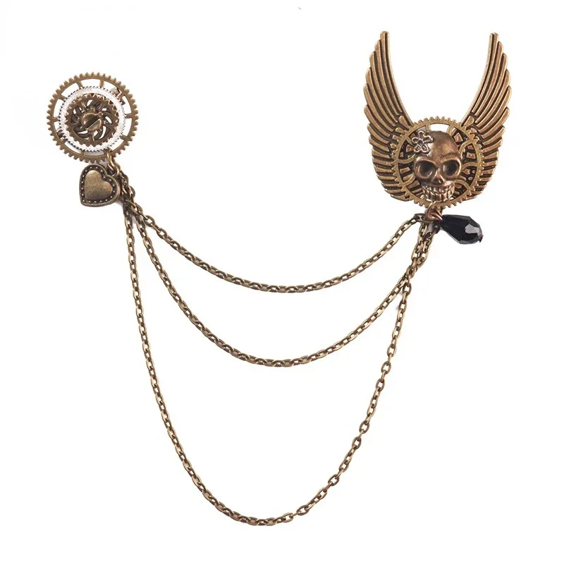 Retro Steampunk Gear Wing Broszki Gear Skull Tassel Chain Lapel Pins Mężczyźni Koszula Garnitur Odznaka Biżuteria Akcesoria