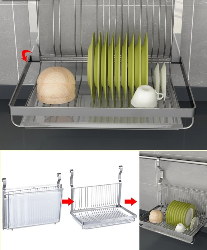 Imagem -03 - Folding Hanging Dish Rack Tigela de Drenagem Organizador de Pratos Armazenamento de Cozinha Prateleira de Louça Aço Inoxidável