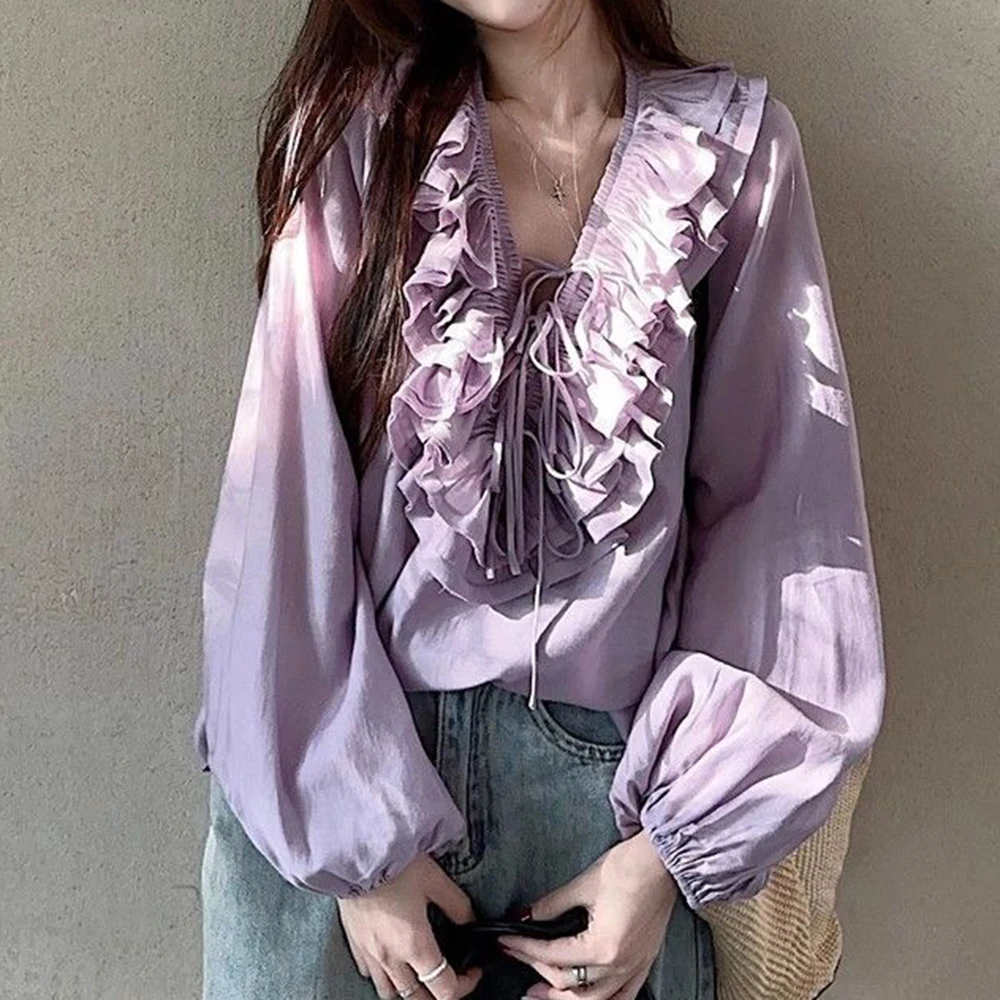 French ruffle edge drawstring V-neck shirt women's 2025 spring new  niche unique chic long-sleeved shirt