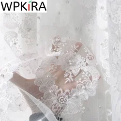 New Arrival Romantic Pearl Embroid White Tulle Curtain For Livingroom Villa French Window Luxurious Sheer Door Drapes Home Decor