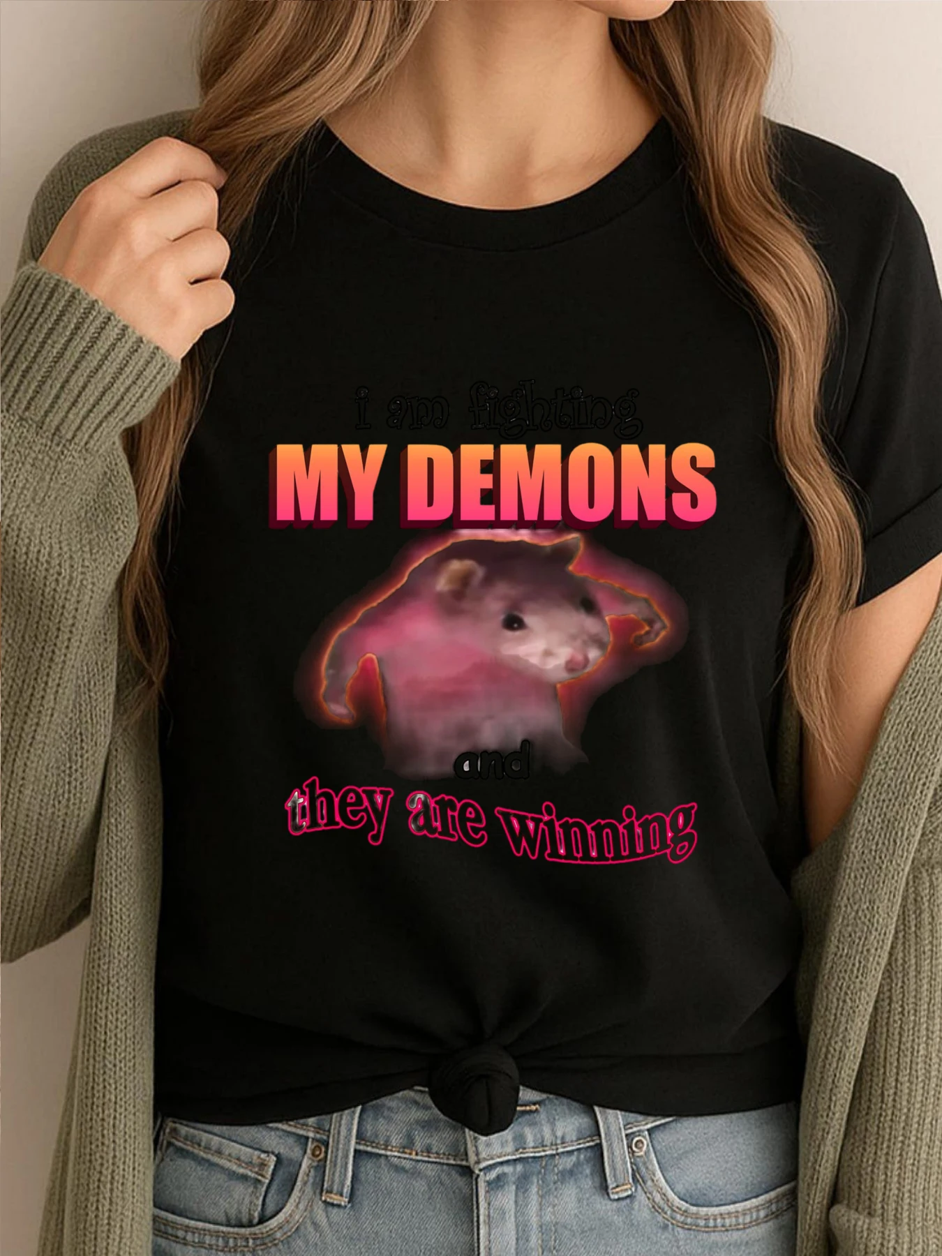 

I Im Fighting My Demons And They Are Winning Word Art Meme Black Shirt Graphic Tees Cotton Comfort Shirts For Men