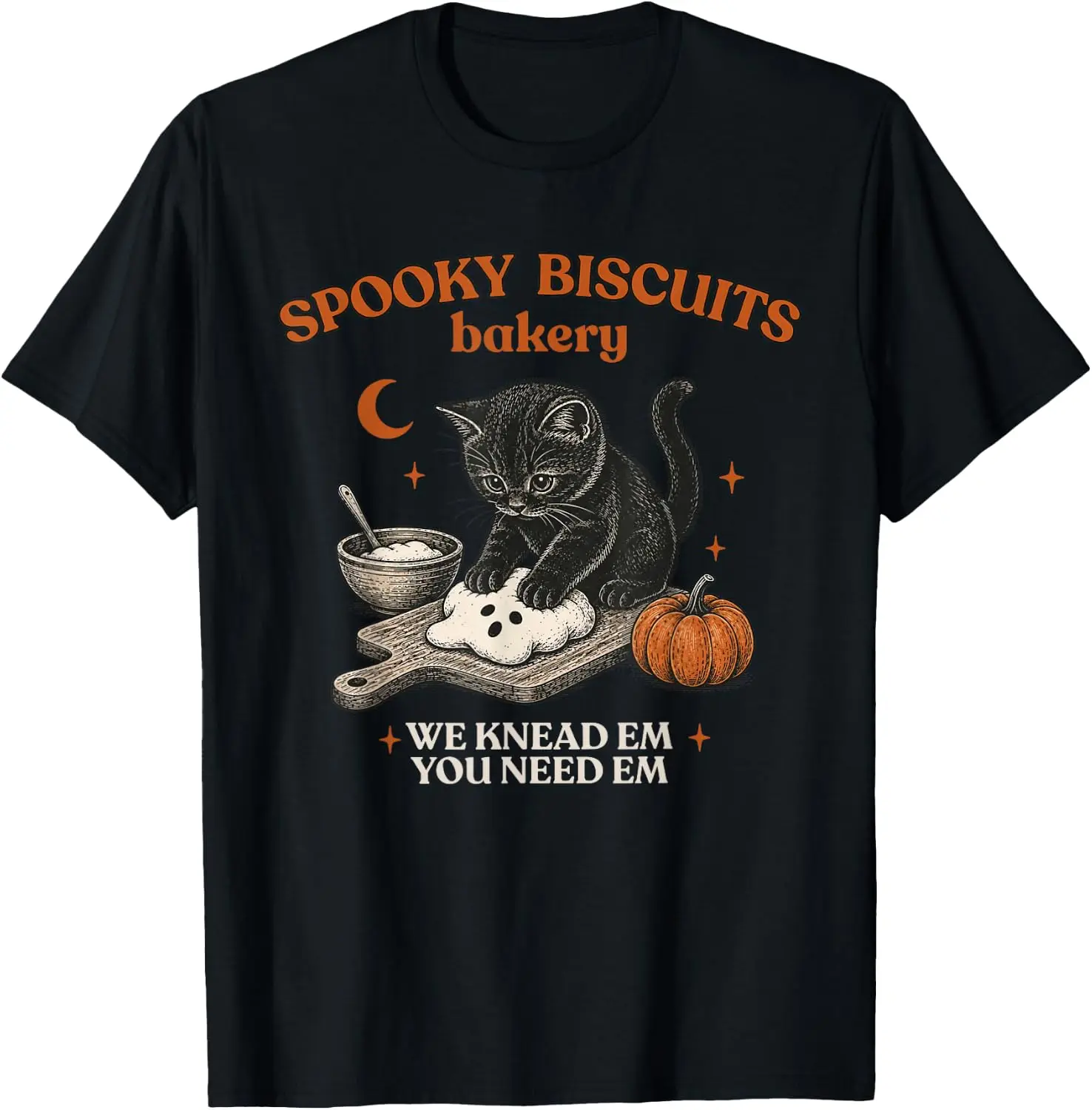 Retro Funny Spooky Biscuits Club Cat Lovers Pastry Halloween T-Shirt Men Halloween Festival Printed Graphic Tee, Casual Crew Neck Short Sleeve Spooky Gothic T‑Shirt for Holiday Party and Halloween Gift for Men.