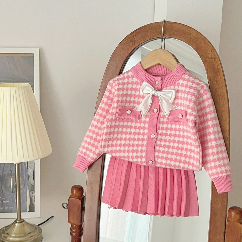 

Autumn Campus Style Girls' Clothing Sets Sweet Sweater Cardigan Knitted Jacket +short Pleated Skirt Toddler Girl Clothes