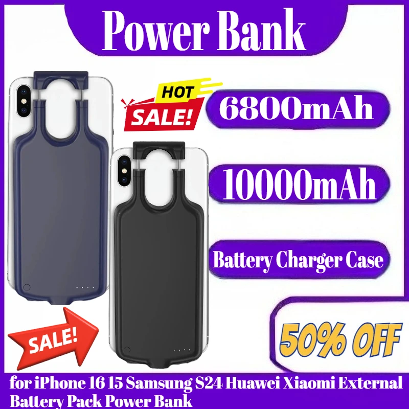 

6800mAh 10000mAh Universal Battery Charger Case for iPhone 16 15 Samsung S24 Huawei Xiaomi External Battery Pack Power Bank