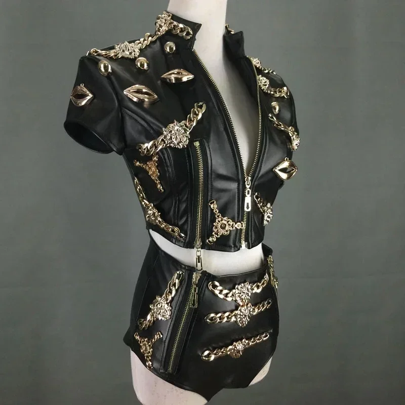 

DS jazz pole dance domineering sexy party rave 2 piece black hiphop outfits Nightclub bar DJ singer stage costume