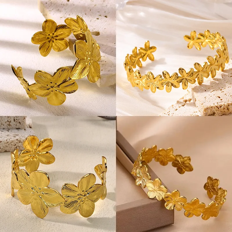 Brazaletes con apertura gruesa de flores para mujer, pulsera ancha de flores de acero inoxidable resistente al agua, joyería de mano para fiesta y boda, regalo elegante